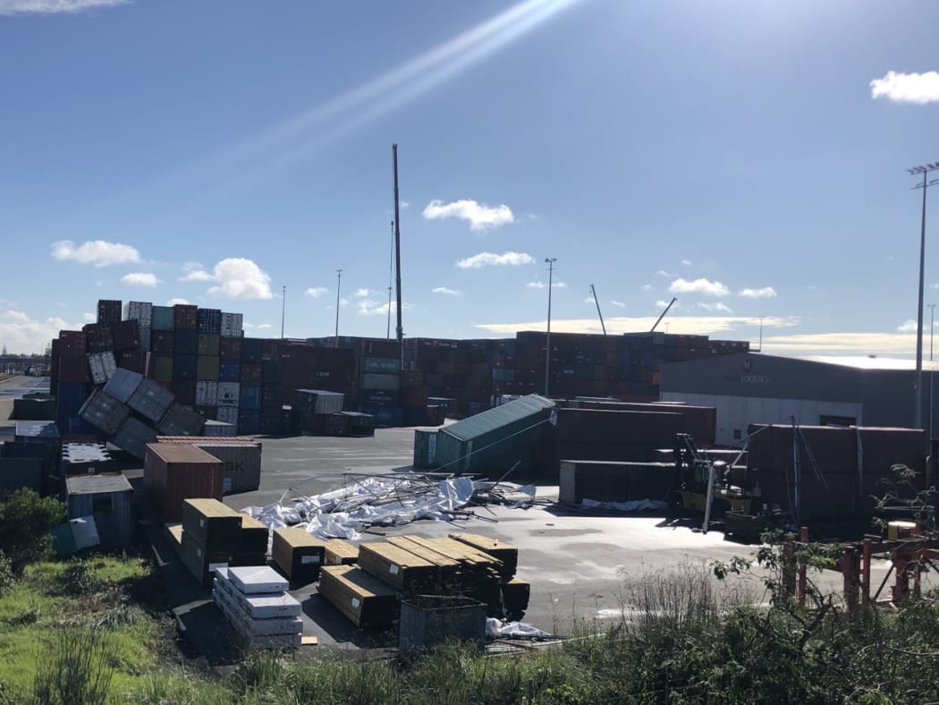 Ports of Auckland shipping container yard, the South Auckland Freight Hub on Monday 21 June 2021. Mechanic Janesh Prasad was killed in a tornado that struck the yard on Saturday morning.