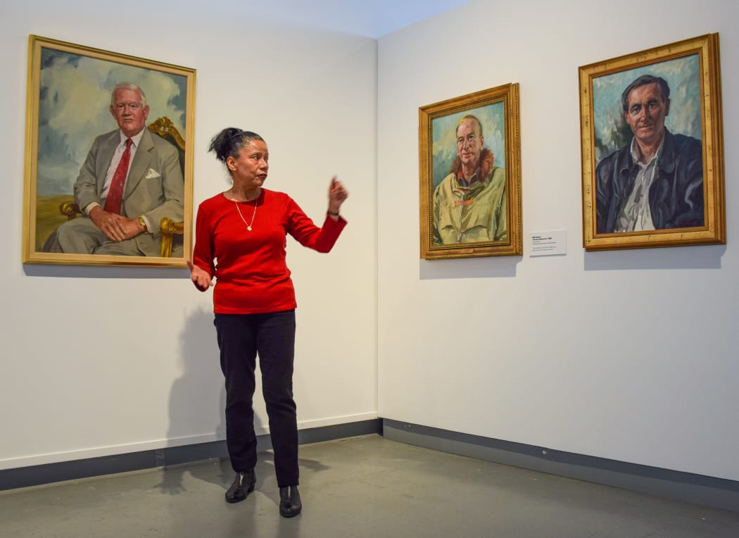 Curator Maria Brown hosting a virtual tour of the exhibition 'A Good Idea' at the New Zealand Portrait Gallery.