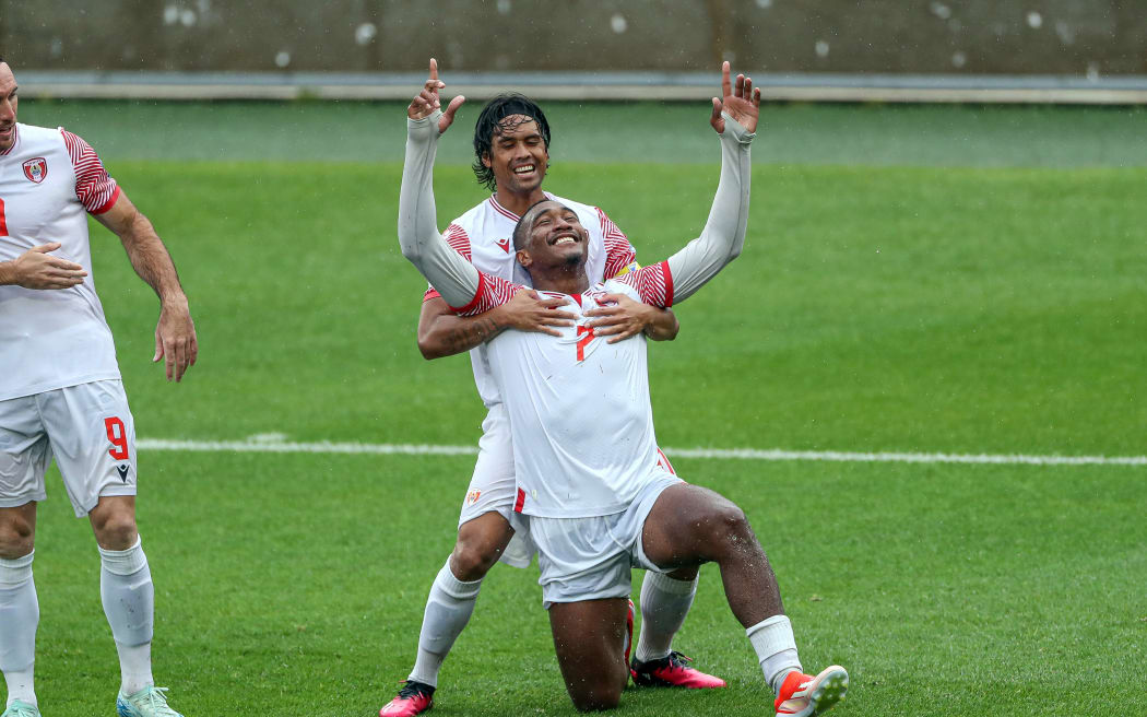 Tahiti's Eddy Kaspard celebrates his goal. FIFA World Cup 2026 - OFC Qualifiers, Samoa v Tahiti, FMG Stadium Hamilton, Friday 15 November 2024. Photo: Shane Wenzlick / www.phototek.nz