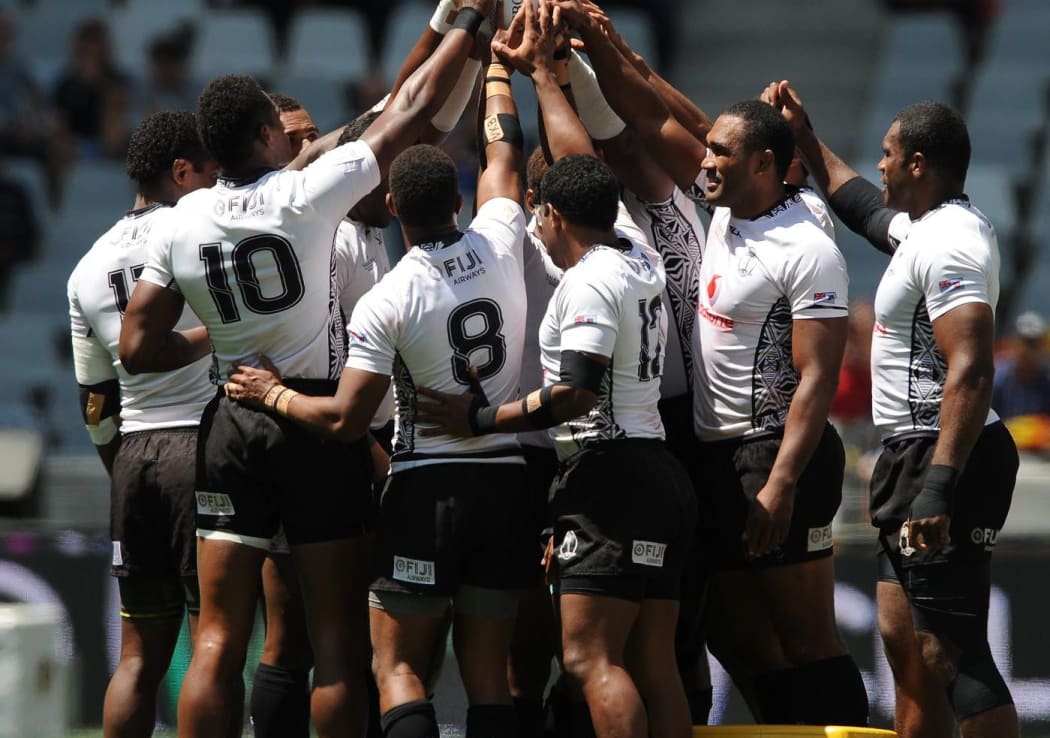 Fiji huddle together during the Cape Town Sevens.