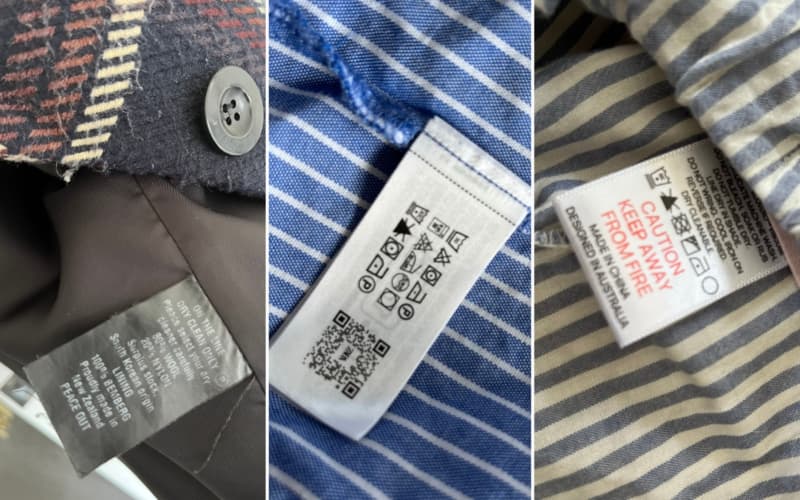 Cleaning care and instructions on garments, clothes.