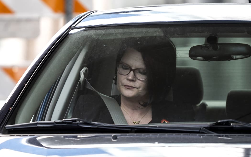 Courteney Ross, girlfriend of George Floyd, arrives at the Hennepin County Government Center wearing a necklace spelling the word "Floyd" on March 31, 2021 in Minneapolis, Minnesota.