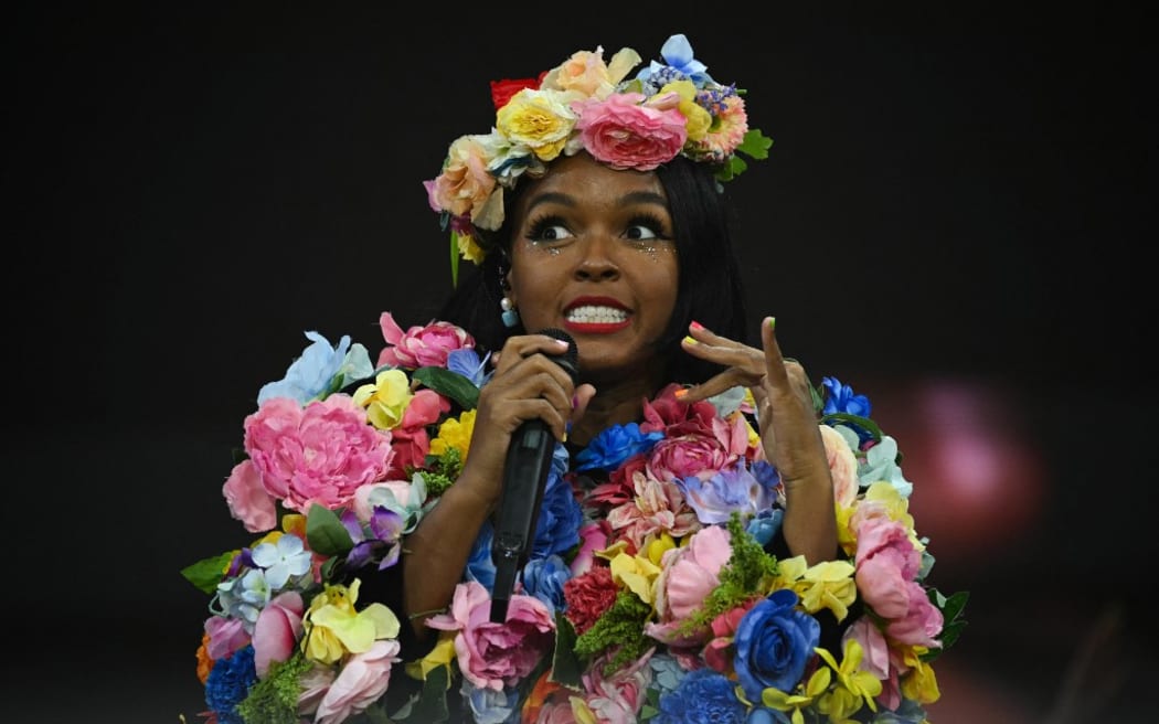 American singer Janelle Monae performs on the pyramid stage on the fifth day of the Glastonbury festival.