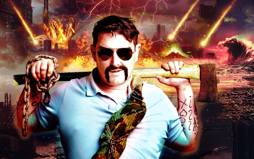 A promotional poster for Heath Franklin's Chopper: The Last Hard Bastard on Earth. Heath Franklin, as Chopper, stands in front of a post-apocalyptic landscape, holding an axe across his shoulders.