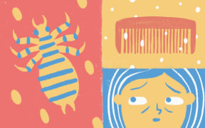 Stylised illustration of lice, comb and child