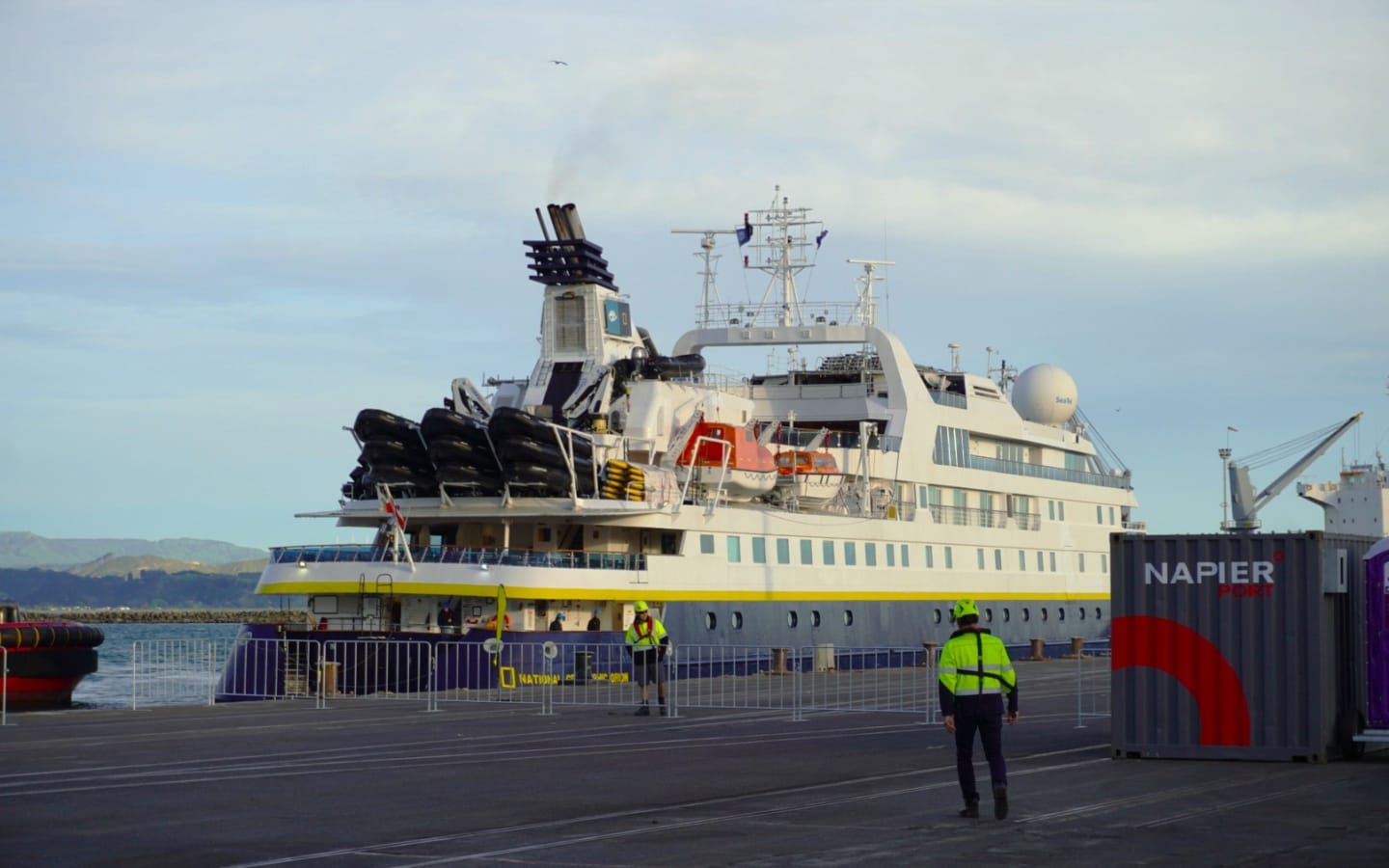 The National Geographic Orion berths at Napier Port.