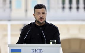 Ukranian President Volodymyr Zelensky speaks during a press conference in the grounds of the Mariynsky Palace in Kyiv on 10 May 2025, following a meeting of European leaders in the Ukranian capital. (Photo by Ludovic MARIN / POOL / AFP)