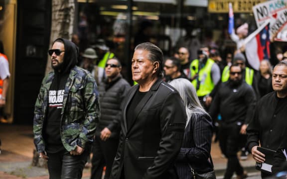 Brian Tamaki seen during the anti-government protest in Wellington, marching towards Parliament on 23 August 2022.
