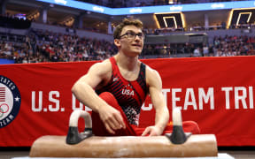 MINNEAPOLIS, MINNESOTA - JUNE 29: Stephen Nedoroscik prepares to compete on the pommel horse on Day Three of the 2024 U.S. Olympic Team Gymnastics Trials at Target Center on June 29, 2024 in Minneapolis, Minnesota.   Jamie Squire/Getty Images/AFP (Photo by JAMIE SQUIRE / GETTY IMAGES NORTH AMERICA / Getty Images via AFP)