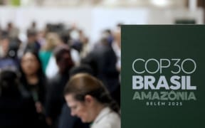 View of the logo of COP30 UN Climate Change Conference, in Belem, Para state, Brazil, taken on November 6, 2025. (Photo by Ludovic MARIN / AFP)