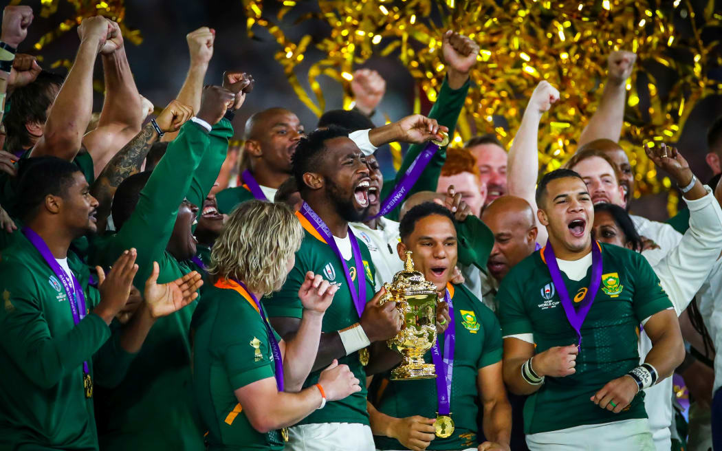 2019 Rugby World Cup Final, South Africa's Siya Kolisi lifts The Webb Ellis Trophy