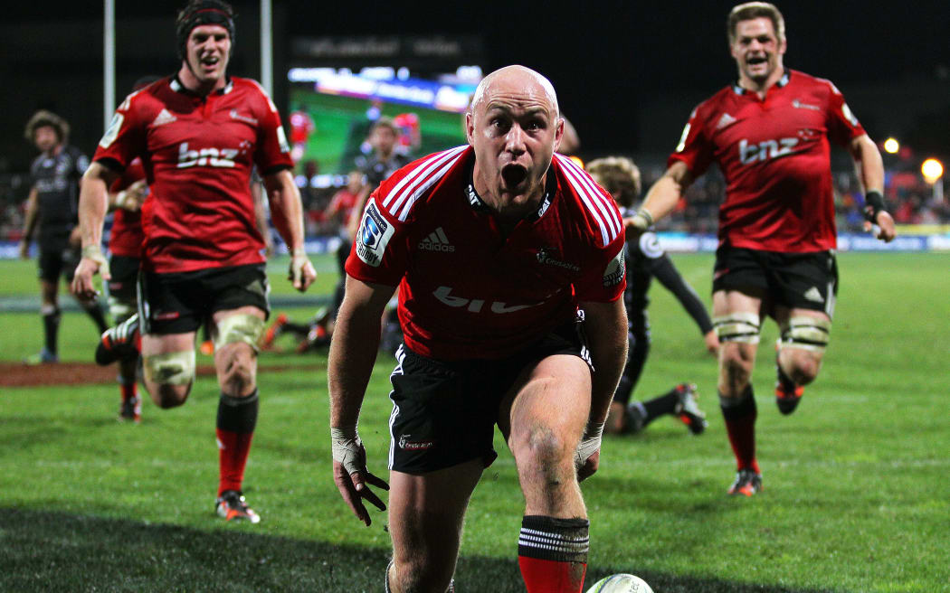Willi Heinz celebrates after scoring a try in the Crusaders 38-6 semi-final win over the Sharks