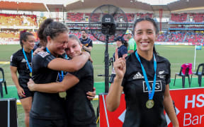 Sarah Hirini and her teammates celebrate winning the HSBC World Rugby Sevens in Sydney,. Womens Cup Final match between New Zealand and Australia, 2019, Spotless Stadium, Saturday 3rd February 2019. Copyright Photo: David Neilson / www.photosport.nz