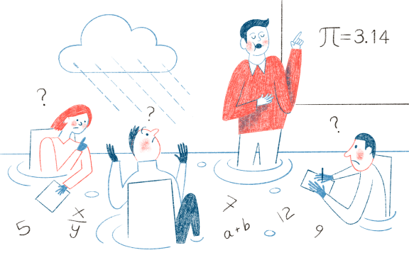 Stylised illustration of teacher and students struggling with maths