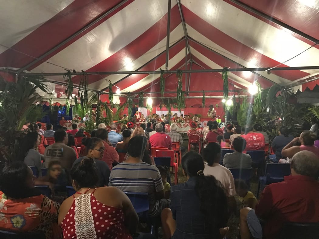 The President of French Polynesia Edouard Fritch addresses a public meeting in the township of Mataiea.