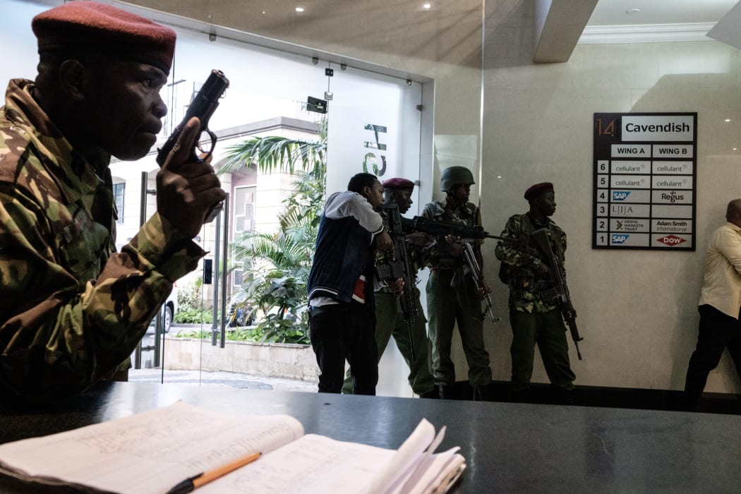 Kenyan special forces intervene after a bomb blast from the office block attached to DusitD2 hotel in Nairobi, Kenya, on 15 January, 2019.