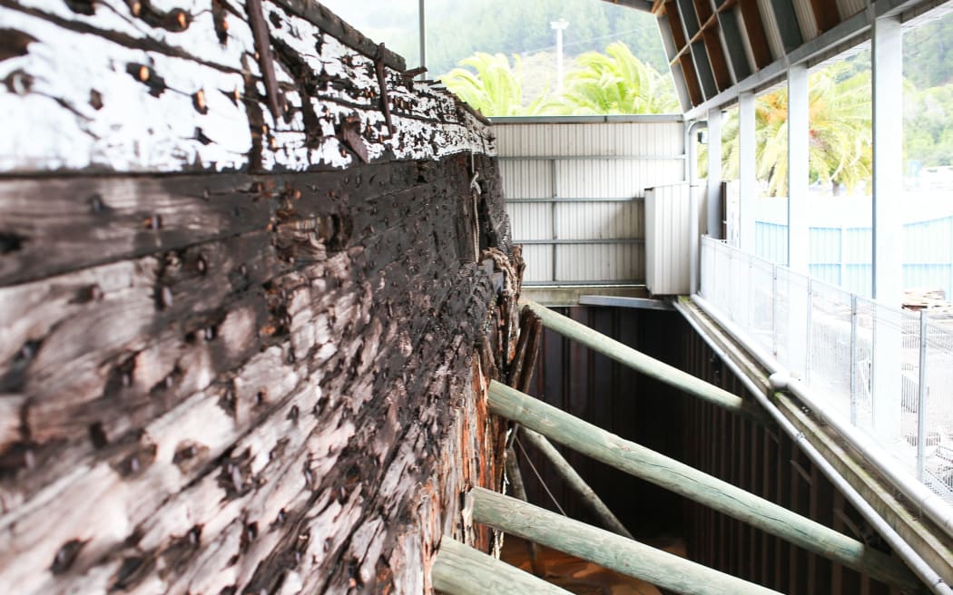 The Edwin Fox is dry-docked on Picton’s foreshore.