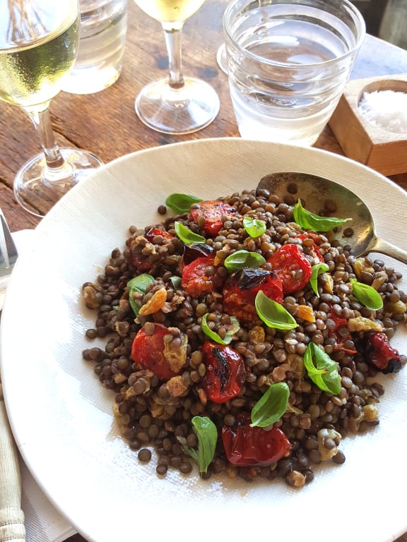 Lentil Salad with Golden Raisins & Roasted Tomatoes
