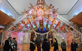 The pōwhiri for the Kura Reo Taiao at Rongomaraeroa Marae at Te Papa.