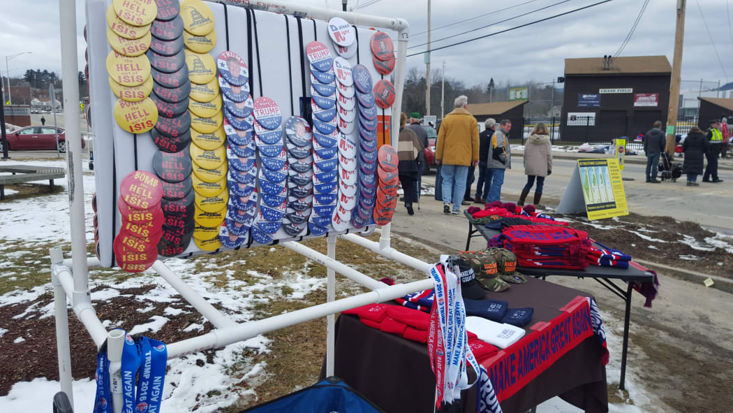 Merchandise outside Donald Trump's rally at Plymouth State University, New Hampshire, on 7 February 2016.