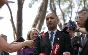 Tama Potaka speaks to media at Waitangi