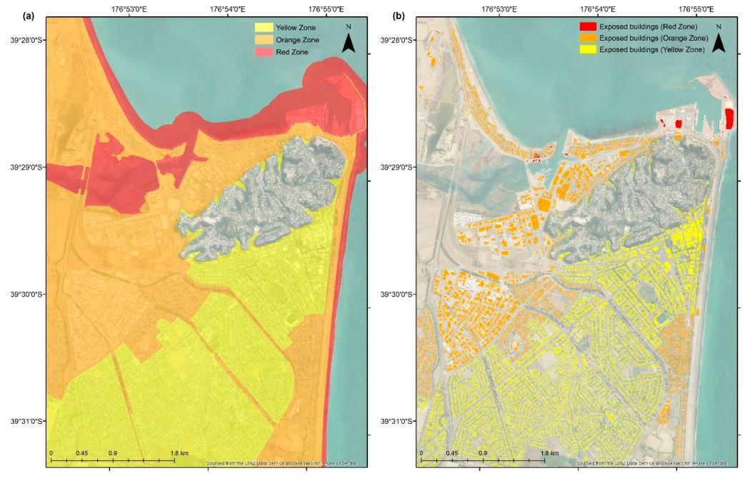 Tsunami evacuation zones and building exposure for Napier City (Hawke's Bay, North Island, NZ), showing (a) red, orange and yellow zones; and (b) buildings exposed in each zone.