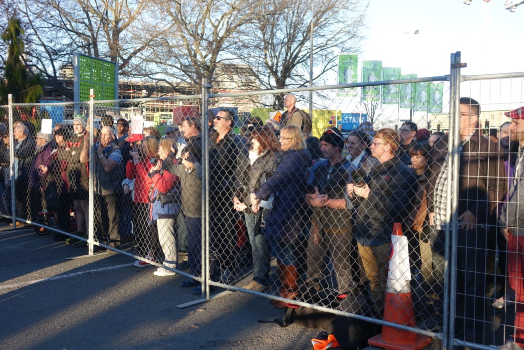 Crowds gathering to watch the implosion of the former Christchurch police station.