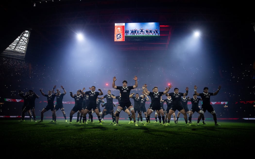 The All Blacks perform the haka before their test with Wales in Cardiff, 2025.