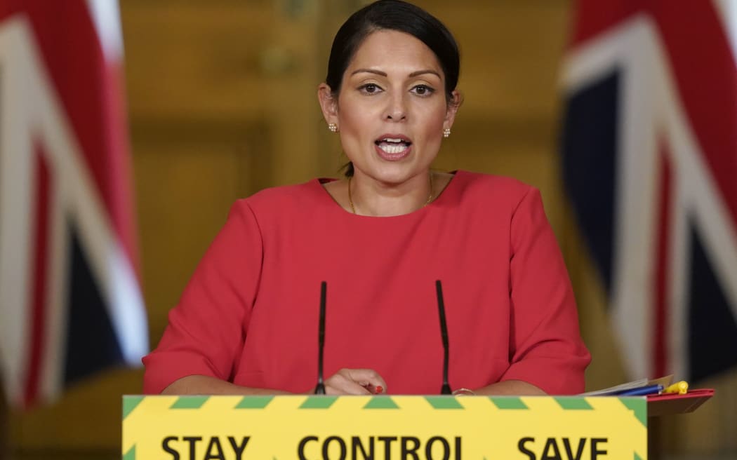 A handout image released by 10 Downing Street, shows Britain's Home Secretary Priti Patel speaking during a remote press conference to update the nation on the novel coronavirus COVID-19 pandemic, inside 10 Downing Street in central London on May 22, 2020.