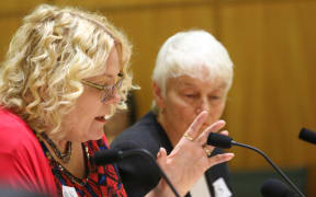 Linnea McDonald (left) and Cara Penny (right) of the Thames Coromandel Women's Fund tell the Finance and Expenditure Committee a cap on interest rates is needed to protect the country's most vulnerable.