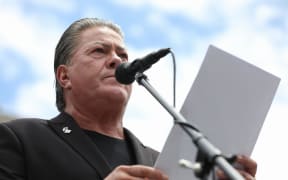 Bishop Brian Tamaki speaking at a rally he organised along with members of Destiny Church on 7 December 2023 to show support for Israel.