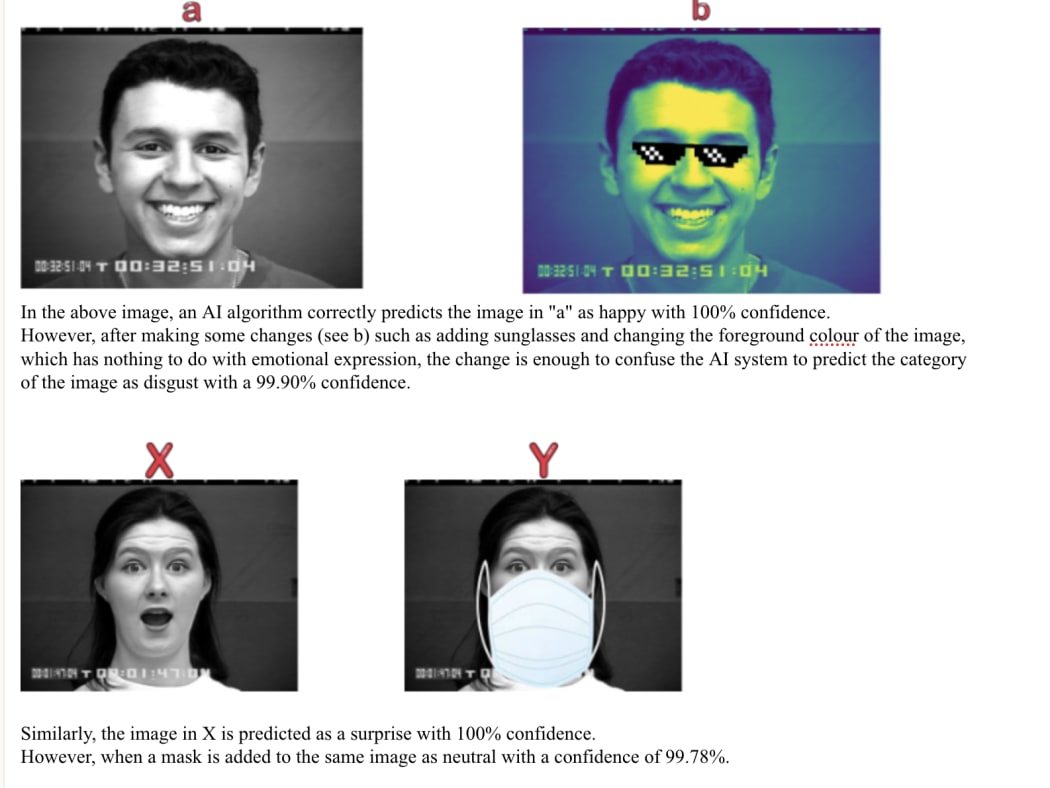 Screenshot used as part of Harisu's work. It shows faces with and without sunglasses and facemasks with different expressions.
