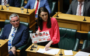 Prime Minister Jacinda Ardern lists her Government's achievements over 2019 with the help of a poster