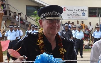 Cutting of the ribbon to officially open the new Auki Police station (From left to right) Commissioner of RSIPF, Frank Prendergast; Ministry of Police, Hon. Peter Shanel Agovaka; RAMSI Special Coordinator, Justine Braithwaite; and Deputy Premier of Malaita Province, Hon. Alick Maeaba.