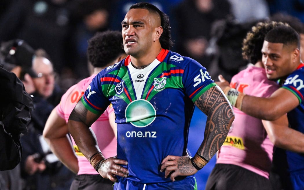 Marata Niukore of the Warriors reacts after the loss to the Panthers, NZ Warriors v Penrith Panthers, NRL Telstra Premiership Finals Week 1 rugby league match at Go Media Stadium, Auckland.