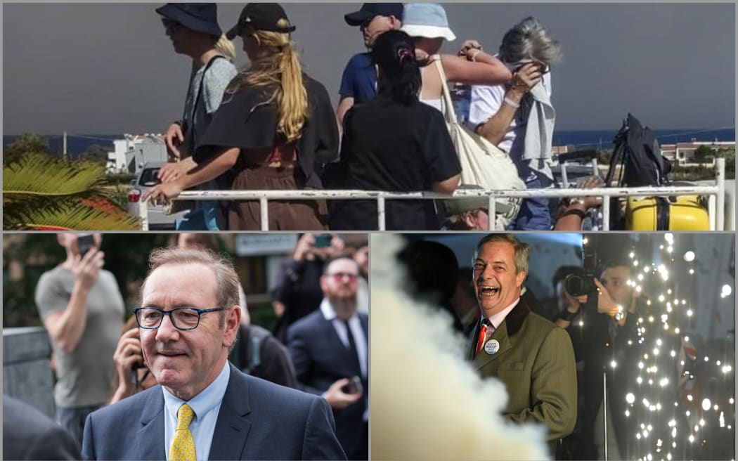 Tourists being evacuated from Rhodes, Kevin Spacey, Nigel Farage.