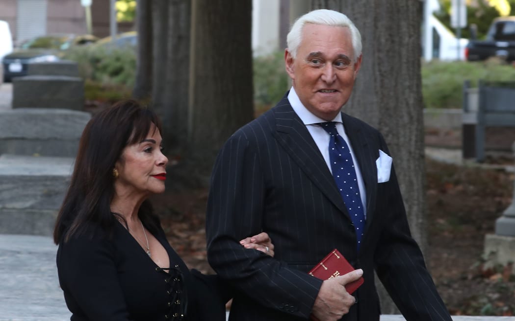 WASHINGTON, DC - NOVEMBER 15: Roger Stone, former advisor to President Donald Trump, and his wife Nydia Stone arrive at the E. Barrett Prettyman United States Courthouse, on November 15, 2019 in Washington, DC.