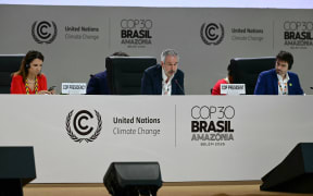COP30 President Andre Correa do Lago (C) speaks during a plenary session of the COP30 UN Climate Change Conference in Belem, Para state, Brazil on November 21, 2025. Colombia said Friday that the UN climate talks "cannot end" without a roadmap for the global phaseout of fossil fuels after it was omitted from the latest draft agreement unveiled by COP30 host Brazil. (Photo by Pablo PORCIUNCULA / AFP)