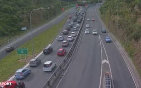 Traffic buildup in the south bound lane n State Highway 1 near Johnsonville. Photo taken at 8.35am 24 Jan 2019.