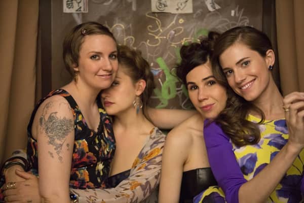 Lena Dunham,  Jemima Kirke, Zosia Mamet, and Allison Williams in Girls (2012).