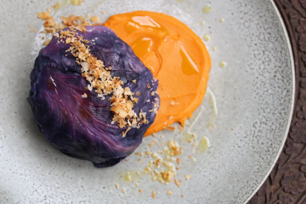 Chicken, Sundried Tomatoes, Chilli & Coconut stuffed cabbage with Kumara Puree