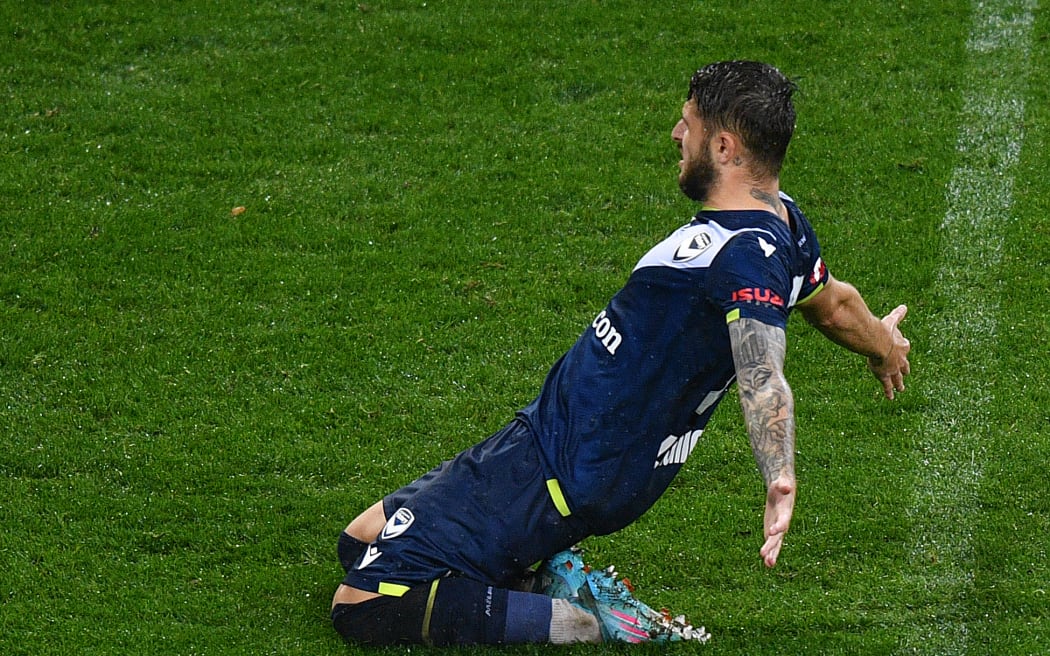 Jake Brimmer of Melbourne Victory reacts after scoring a goal from a penalty shot during the A-League men’s football match