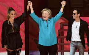 Jennifer Lopez, Hillary Clinton and Marc Anthony are seen at the Jennifer Lopez Gets Loud for Hillary Clinton Concert on October 29, 2016 in Miami, Florida.
