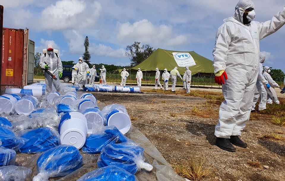 Relief supplies being disinfected at the Vanuatu International Airport in Port Vila as part of Covid-19 restrictions. April 2020