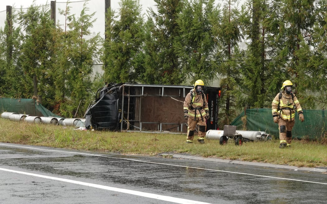 A gas delivery truck rolled on Kapiro Road near State Highway 10 north of Kerikeri.