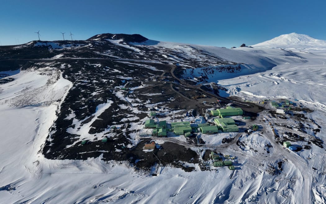 Aerial view of Scott Base, Ross Island, Antarctica.
