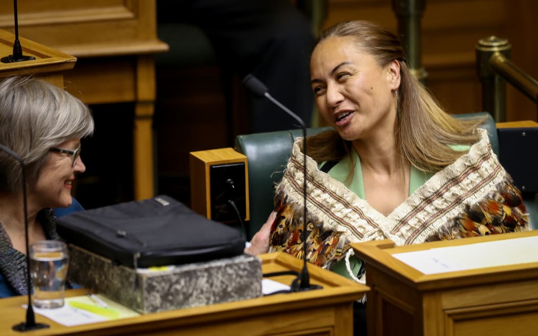 New Green party  MP, Marama Davidson (right), being congratulated by Eugenie Sage (left) after being sworn into Parliament today.