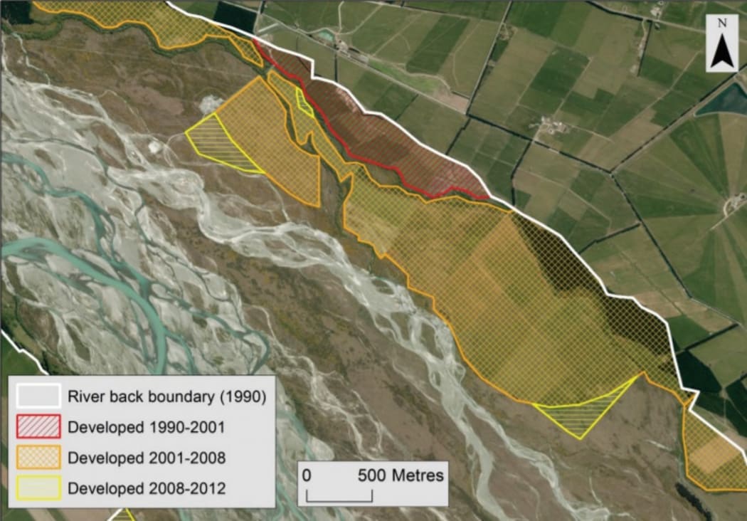 Aerial photographs showing example of river margin vegetation clearance and land use change in the lower Rakaia River
