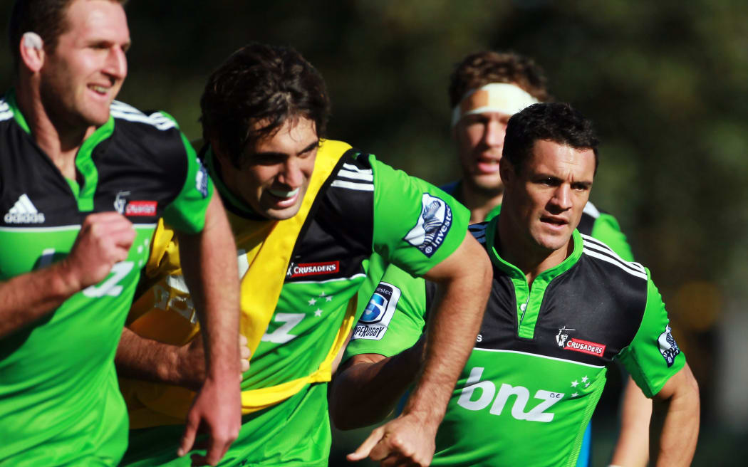 Kieran Read (L), Sam Whitelock and Dan Carter training.
