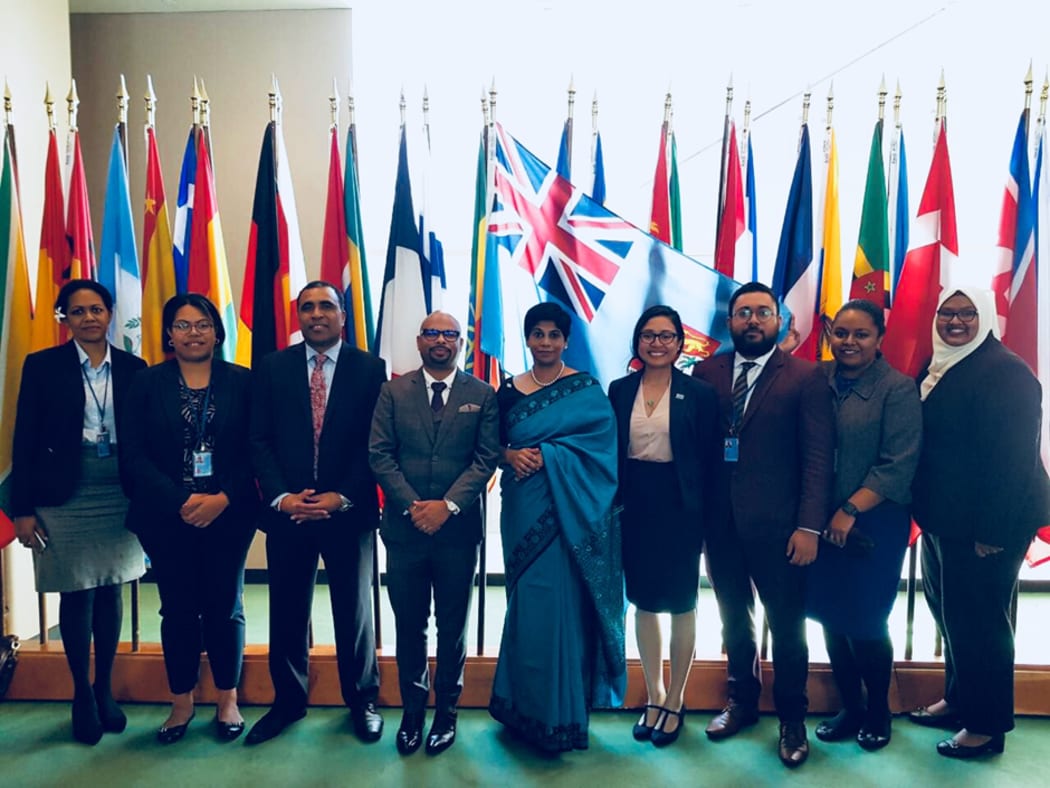 Fiji's UN Representative, Nazhat Shameem Khan (centre) at the Fiji Mission to the UN in Geneva.